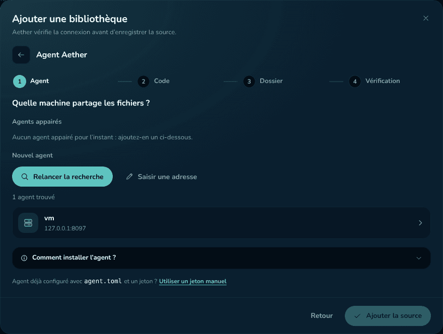 Assistant « Ajouter une bibliothèque » : l’agent est découvert sur le réseau, avec les étapes Agent, Code, Dossier, Vérification.