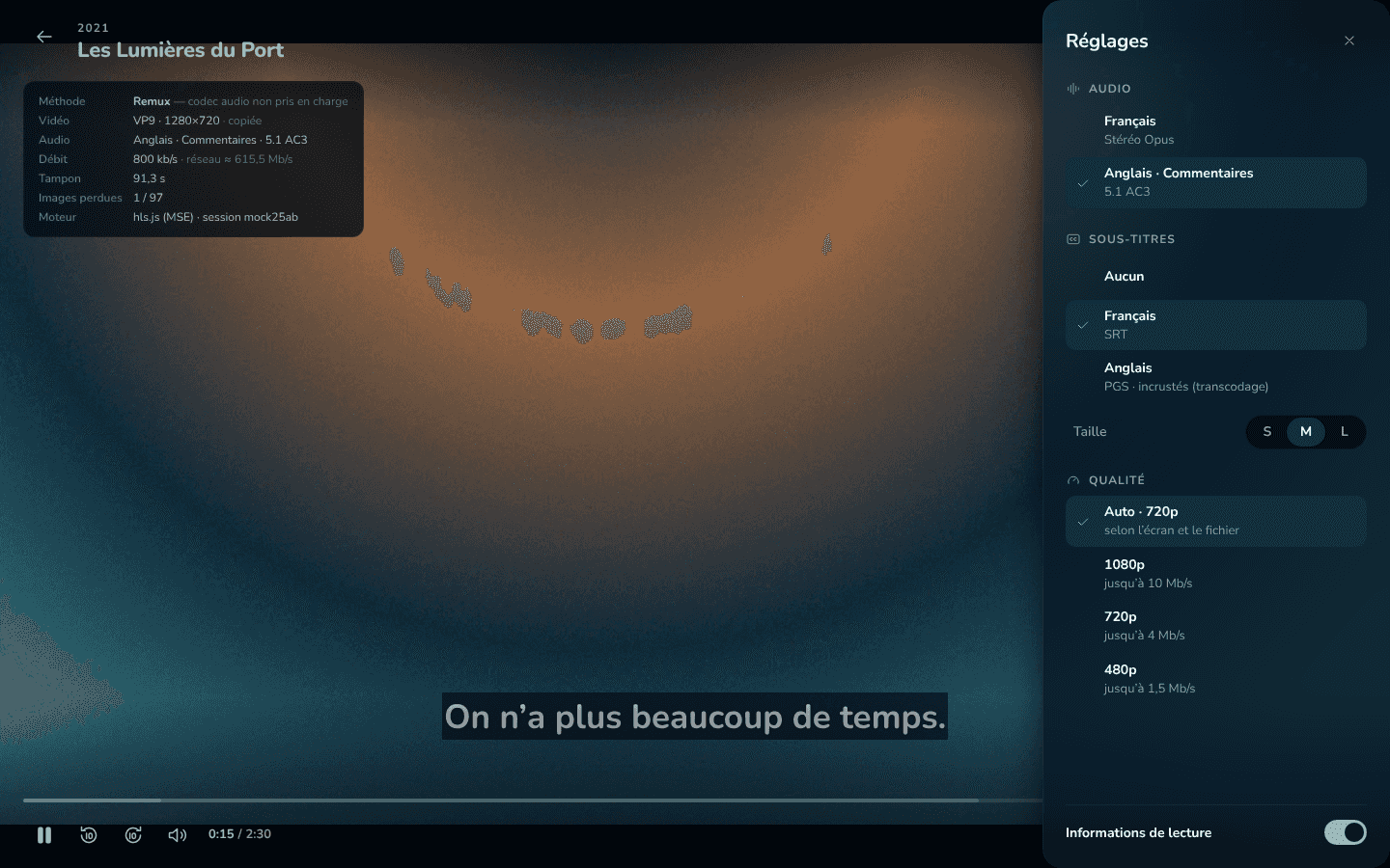 Lecteur d’Aether avec le panneau des réglages (audio, sous-titres, qualité) et les informations de lecture.