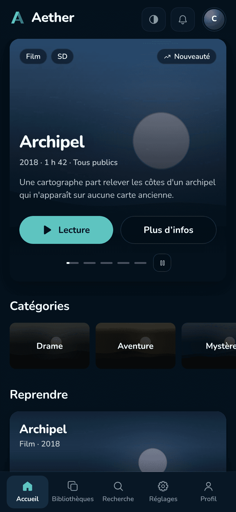 Accueil d’Aether sur mobile.
