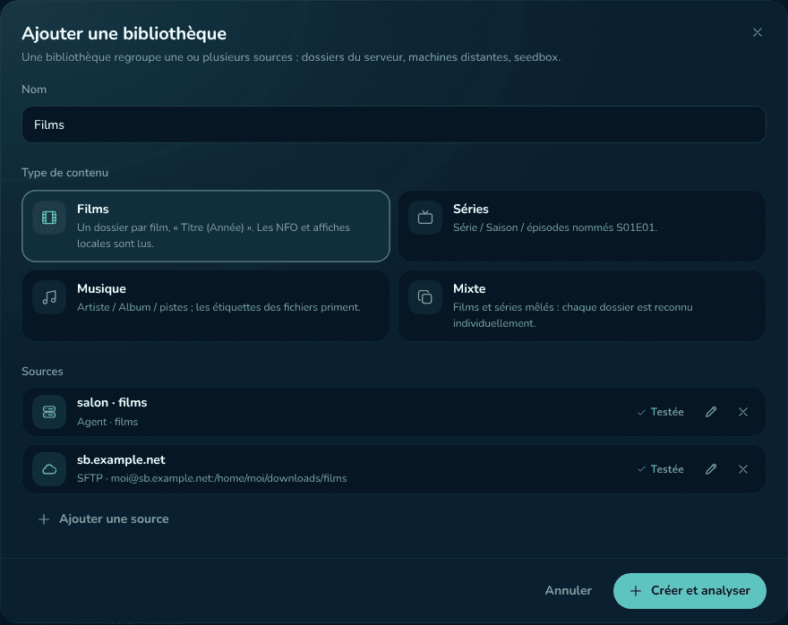 Une bibliothèque Films qui combine un agent et une seedbox SFTP, chacun testé avec succès.