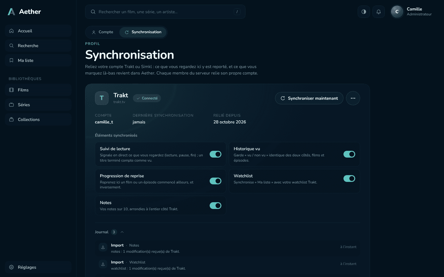 Page Synchronisation du profil : compte Trakt connecté, éléments synchronisés et journal ; Simkl prêt à configurer.